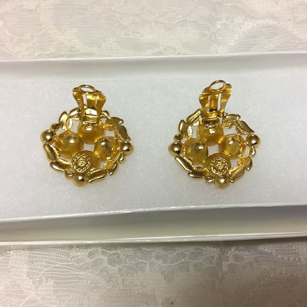 Vintage Pink & Green Crystal Gold Tone Earrings Non-Pierced Clip Earrings - Picture 8 of 11